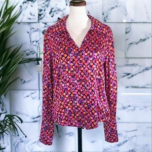 I.e. Women's Colorful Dotted Long Sleeve Button Down 100% Silk Blouse Size 12